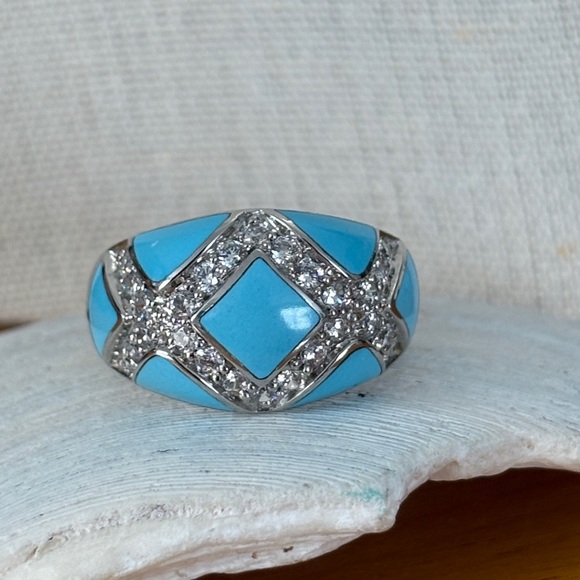 Eric Grossbardt Jewelry - Eric Grossbardt Turquoise Inlay Diamonique CZ Channel Set Ring Sterling Size 10